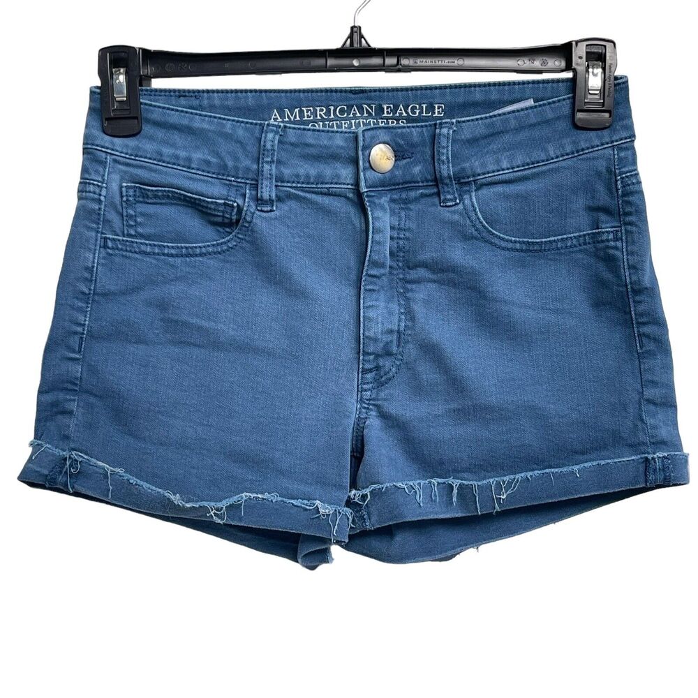 American Eagle SZ 6 Hi-Rise Shortie Jean Shorts Cuff Stretch Pocket Zip-Fly Blue
